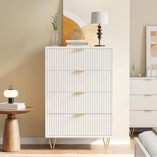 HYNHXBP Commode à 4 tiroirs, armoire à tiroirs avec pieds dorés et poignées, buffet blanc pour chambre à coucher, salon, couloir, 60 x 34 x 91 cm