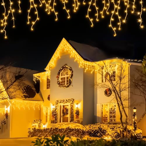 GLUROO Eisregen Lichterkette Außen, 20M Weihnachtsbeleuchtung außen mit 8 Modi Timer, Fernbedienung, Wasserdicht Lichterkette außen Weihnachten für Traufe, Balkon, Warmweiß