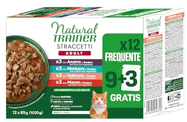 Natural Trainer Trockenfutter für Erwachsene Katzen – Leckerli in Sauce Multipack (Lachs, Rind, Ente, Kabeljau), 12 x 85 g
