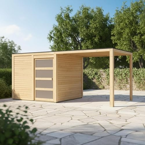 Karibu | Abri de Jardin Bois Massif Qubic 19mm avec Appentis 5,6m² | Toit Plat, Porte Coulissante Plexi, Hauteur 214cm | Marron, Kit Embase Autoclave Inclus