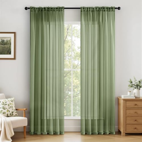 MIULEE Vorhänge Gardinen, Stangendurchzug Grasgrün, 2er Set 225x140cm | Transparente Gardine aus Voile, Luftig Leicht, Einfarbig Dekoschal für Wohnzimmer & Schlafzimmer