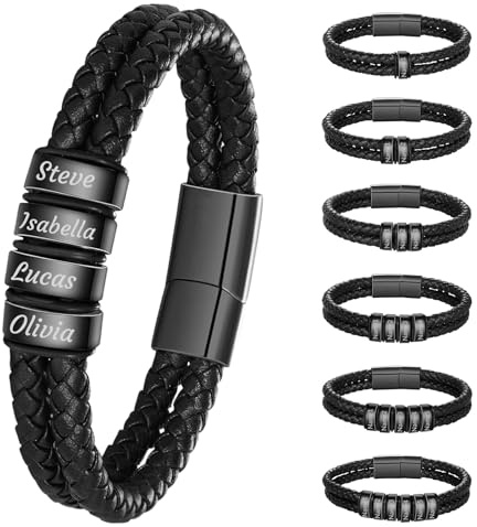 Personalised Braided Leather Bracelets Custom Leather Name Bracelet Engraved with 1-6 Names for Men Gifts for Christmas, Valentine's, Father's Day, Birthday, Anniversary, Boyfriend, Grandpa