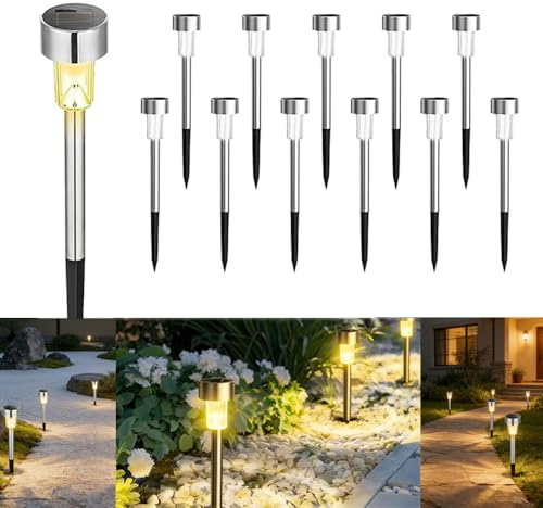 Solarlampen für Außen Garten,12 Stück IP44 Wasserdichte Höhe 36,5 cm,Solar Lampe Outdoor,Led Solarleuchten für Aussen,Edelstahl Gartenleuchten für Außen,Leuchten Garten,Lights Outdoor,Rasen,Hof,Wege