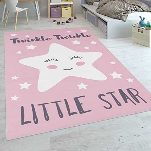 Paco Home Kinderteppich Kinderzimmer Mädchen Niedlicher Stern Spruch Rosa Weiss, Grösse:120x160 cm