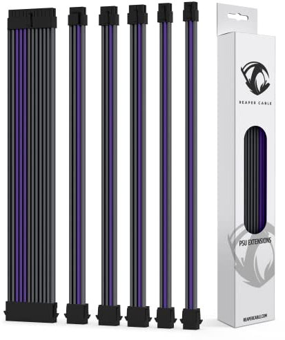 Reaper Cable Sleeved PSU Extension Set - Power Supply Extensions - 1x 24 Pin/ 2x 8 Pin/ 2x 6 Pin/ 1x 4+4 Pin - With Combs - 30cm (Carbon & Purple)