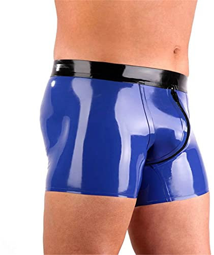 MFMYEE Herren Blauer Reißverschluss handgemachte Nähte Latex Fetisch exotische Herrenunterwäsche Unterwäsche Latex Shorts (3XL)