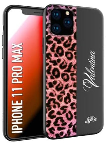 CUSTOMIZZA - Custodia cover nera morbida in tpu compatibile per iPhone 11 PRO MAX leopardato rosa fucsia personalizzata nome iniziali