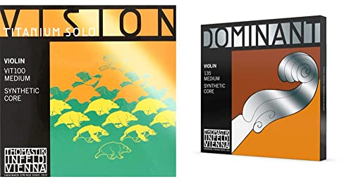 Thomastik 634209 Saiten für Violine Vision Titanium Solo Synthetic Core, Satz 4/4 Mittel & 633625 Saiten für Violine Dominant Nylonkern, Satz 4/4 Mittel E Stahlkern Alu. Umsponnen