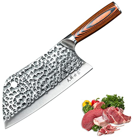 TJ POP Cuchillo de Chef Chino, Cuchillo de Carnicero Profesional 18cm Cuchillo de Cocina Afilado con Diseño de Colmillo Completo, Hoja de Acero 50CR15 Espesor 2mm,Serie TJ SEGA TC19076