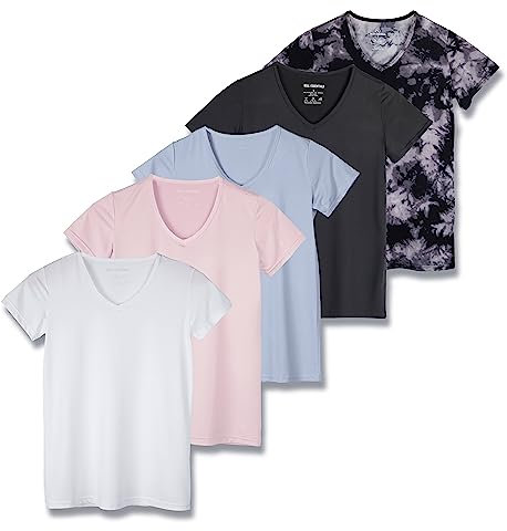 Real Essentials 5 Pack: Women's Short Sleeve V-Neck Activewear T-Shirt Dry-Fit Moisture Wicking Yoga Top (Available in Plus), Set 16, 3X