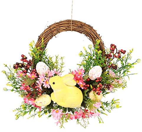Osterhasen-Kranz, Osterkränze für Haustür, Osterkranz-Befestigung, Ostertür-Dekorationen, Frühlings-Tür-Hänge-Willkommensschild-Kranz, Frühlings-Wanddekoration(Gelbes Kaninchen aufgeführt)