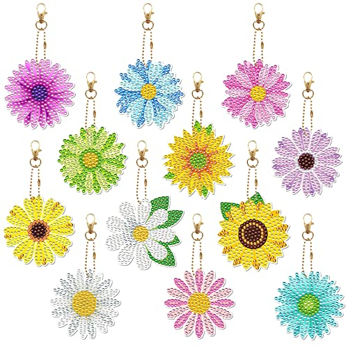 12 Stück Diamond Painting Schlüsselanhänger, Doppelseitige 5D Diamond Blumen Diamond Painting Anhänger Crystal Strass Mosaik Diamant Malerei schlüsselbund Stickerei Kunst Handwerk für Frauen Mädchen