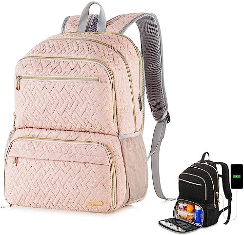 BAOXA Mochila de almuerzo para hombres y mujeres, mochila para laptop de 17 pulgadas, mochila aislada para computadora, bolsa de almuerzo para el trabajo y viajes, Rosa, 17 in