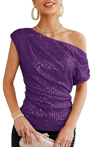 GRACE KARIN Top da donna con paillette, glitter, viola., M
