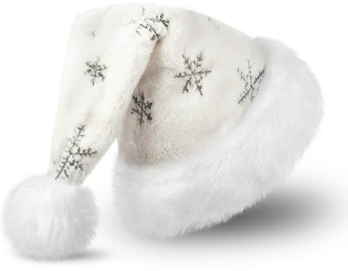 CITÉTOILE Weiße Weihnachtsmütze für Erwachsene, Plüsche Nikolausmütze für Damen und Herren, Warm and Dicker Weihnachtsmann Santa Nikolaus Mütze mit Schwarz Pailletten Schneeflocke