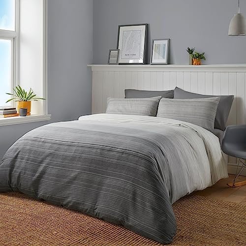 Fusion - Contemporary Grey Duvet Cover - Double Bedding Size (200 x 200cm) - Reversible Design - Ombre Grey Bedding - Light Grey Duvet Cover - Charcoal Stripe Duvet Cover - Grey Lines Bedding