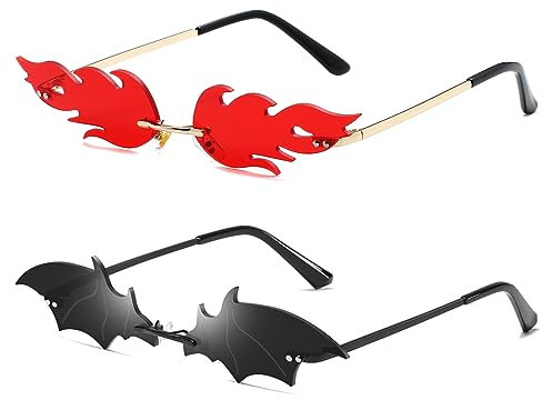 YUELUQU Feuer Flamme Sonnenbrille für Frauen Rimless Party Nette Abschlussball Halloween Gläser Mode Welle Rimless Gläser Für Frauen Männer... (Rot1+bat schwarz2)