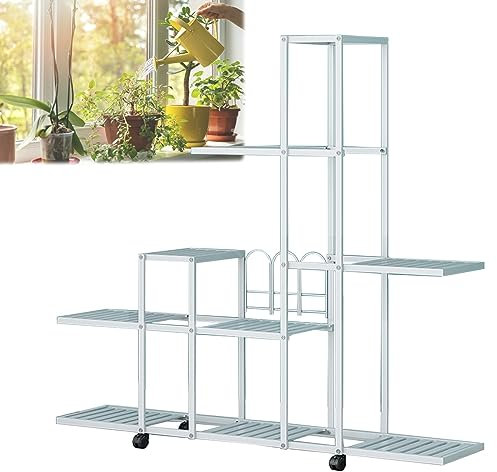 LIGUOYI Pflanzenregal Indoor Blumenregal Metall Blumentreppe 4, 5, 6 Ebenen Blumenregal Aus Metall Grün Weiß Display Rack Organizer Regal Mit Rädern Für Flur, Wohnzimmer, Platzsparend