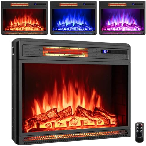 GiantexUK Recessed Electric Fireplace, Insert Electric Fire Heater with Flame Colors, Brightness, Thermostat, Timer, Remote & Overheat Protection (900W/1800W, 25”/64cm)