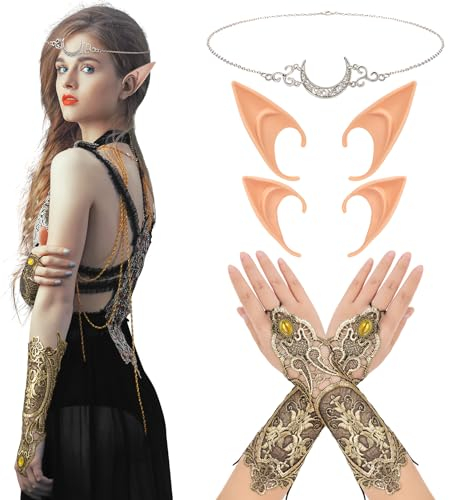 HOWAF Elfen Kostüm Damen, Elfenohren Elfen Ohren Elf Ears, Kopfkette Kopfschmuck Stirnband, Gothic Handstulpe mit Brosche Victorian Steampunk Handschuhe für Halloween Karneval Fasching Kostüm Cosplay