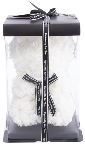 Brandsseller Rosenbär aus Kunstrosen 25x16 cm – handgefertigter Teddybär aus Seidenblumen als Romantisches Geschenk zu Geburtstag, Valentinstag oder Muttertag – inklusive Geschenkbox – Weiß