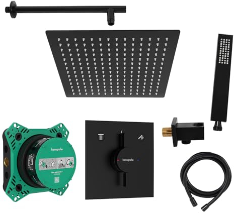 vanvilla Hansgrohe Duo Turn E e vanvilla - Doccia a pioggia con rubinetto, soffione doccia rettangolare, set doccia HGS201 nero opaco