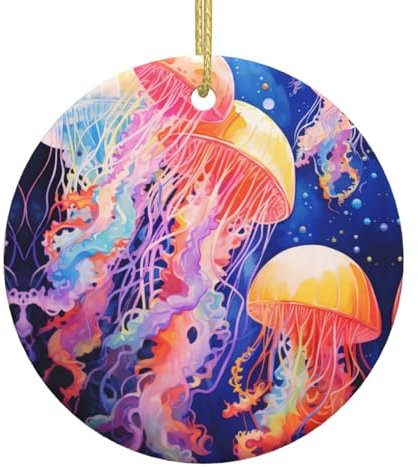 Galaxie Bunte Quallen Weihnachtsschmuck, Weihnachtsschmuck, Weihnachtsbaum, hängende Ornamente, runde Keramik, festliches Andenken, Geschenk für Weihnachtsdekorationen, Urlaub, Zuhause,
