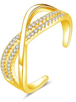 Zolkamery 925 Sterling Silver Open Ring - Chunky Resizable Thumb Ring for Women, Adjustable Gold Finger, Sparkly Cubic Zirconia Hypoallergenic, Minimalist X-Shape With Gift Box