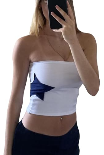 Himllauen Damen Tube Top Elegant Trägerloses Top Sexy Crop Top Schulterfreies Oberteil Sommer Slim Fit Bandeau Top (B Stern Weiß, S)