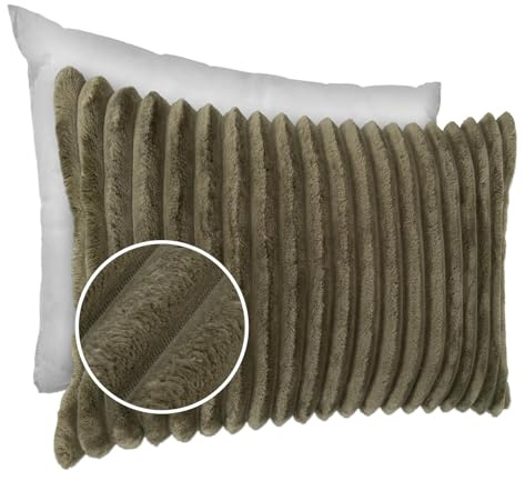 Dekokissen Kissenbezug Sofakissen Pillow Plüsch Kuschelkissen Zierkissen Cord Kissen Couchkissen Kord Kissenhülle ultraweich gestreift Lilli 30x50cm mit Füllung Olivengrün