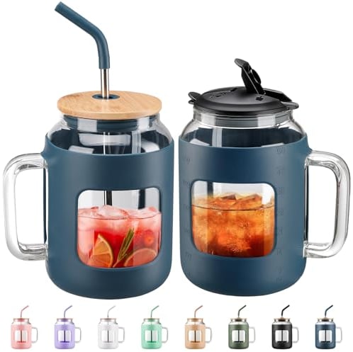 BLUEGO 1500ml Gobelet en Verre avec Poignée et Paille Réutilisable Gourde avec 2 Couvercles Tasse à Café en Verre avec Manchon en Silicone Sans BPA 1,5L Bouteille d'eau en Verre Anti-fuite, Bleu Ambre