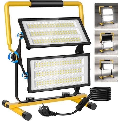 Viugreum 200W Projecteur Led Chantier, 22000LM Luminaire Exterieur à Panneau rotatif Avec Prise, 3m Câble IP66 Étanchéité Blanc Froid 6500K Portable Lampe Chantier pour Atelier Garage Construction
