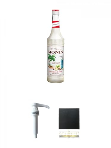 Monin FALERNUM 1,0 Liter + Monin Dosier Pumpe für 1,0 Literflasche + Schiefer Glasuntersetzer eckig ca. 9,5 cm Durchmesser