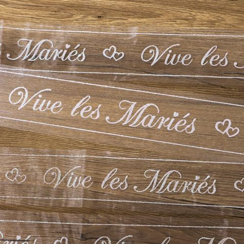 Tulle “Vive les Mariés” 8cmx10m Rouleau Ruban Blanc Paillette Décoration Mariage pour Nœud Voiture Chaise Table Bouquet Emballage Cadeau