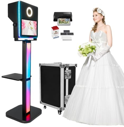 Cabine photo avec miroir pour appareil photo reflex numérique à écran tactile de 15,6 avec imprimante pour fête de mariage et événements avec étui de transport (couleur noire + imprimante)