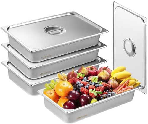 VEVOR Bac Gastronorme GN 1/1 Lot de 4, Récipient Inox pour Bain-marie 0,8 mm d'Épaisseur, Bac Inox Alimentaire avec Couvercle 10,7 cm de Profondeur, pour Chauffe-plats, Stockage, Restauration