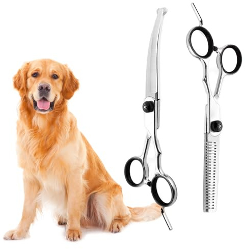 XoeLLe 4 Stück Hundeschere Fellschere für Hunde und Katzen, Hundeschere Set Profi, Haustierschere mit Runder Sicherheitsspitze, Gebogene Fellpflegeschere Haarschere für Hundefriseur Anfänger, Schwarz