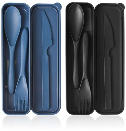 2 Stück Besteck Set, Reisebesteck mit Etui, Wiederverwendbares Plastikbesteck, Plastik Löffel Messer und Gabel Set, Tragbares Besteckset für Unterwegs Camping Outdoor Picknick