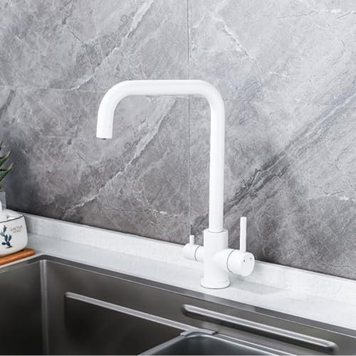 Grifo Osmosis Cocina Grifo 3 Vias Blanco Giratorio de 360° Grifos Cocina Fregadero con Palanca Doble Mezclador de Fregadero con 2 Salidas-B