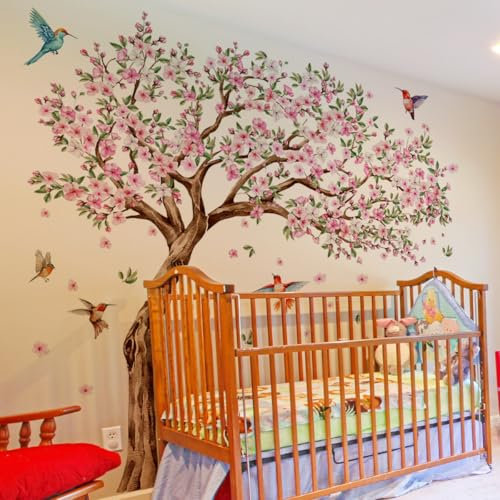 Runtoo Grande albero adesivo da parete rosa fiore di ciliegio floreale adesivi da parete per cameretta soggiorno camera da letto Decor