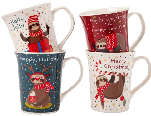 Christmas Sloth Mug 350ml Funny Holiday Ceramic Coffee Cup with Cute Sloth & Festive Quote for Winter Hot Drinks (H 11cmx W 5.5cm) Assorted Designs (Candy Sloth)