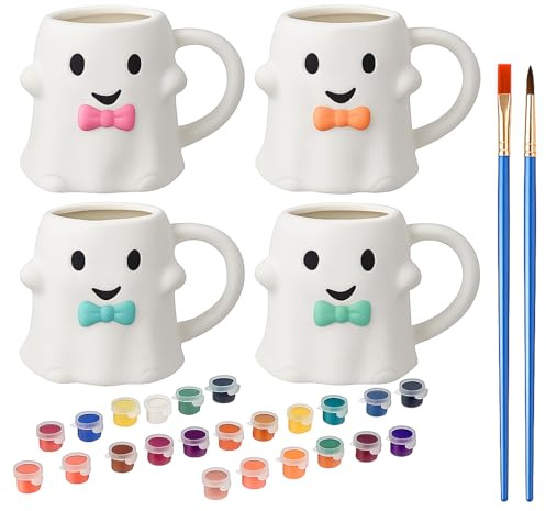 Jingmore 4 Sets Coffee Mug Paint Craft Kit Paint Your Own Mug Ceramic DIY for Adults Includes Ceramic White Coffee Cup and Painting Supplies for Halloween Party Decor(Ghost)