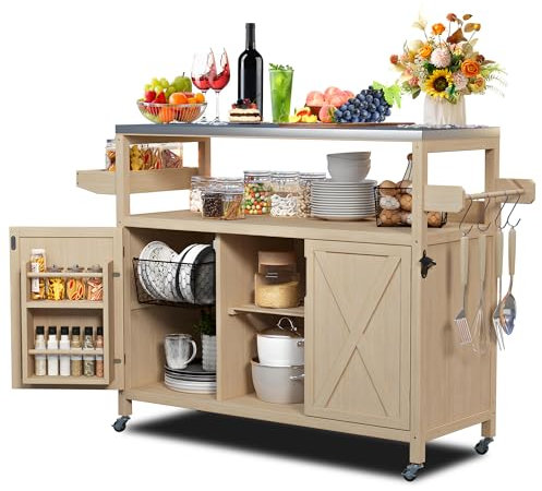 Küchenwagen mit Rollen, Holz Kücheninsel Küchenschrank Outdoor mit Arbeitsplatte, Servierwagen Grillwagen für den Außenbereich, Rolltischwagen mit Lagerschrank für die Essenszubereitung, Grillen, Bar