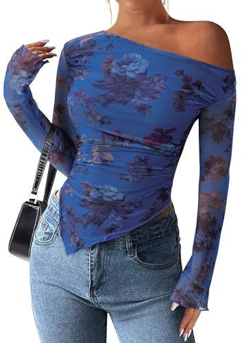 PRETTYGARDEN Womens Fall Trendy Off Shoulder Y2k Tops 2025 Tie Dye Mesh Long Sleeve Shirts Asymmetrical Ruched Floral Blouse