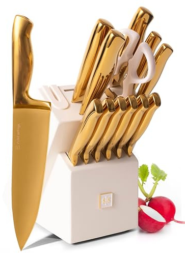 Ensemble de couteaux blanc et or STYLED SETTINGS – 14 pièces en acier inoxydable à revêtement titane avec bloc blanc et aiguiseur intégré – Accessoires de cuisine de luxe