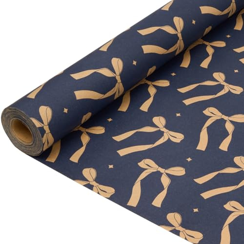 Papier cadeau kraft de Noël : Rouleau de papier cadeau recyclable bleu marine à motif nœuds festifs - 43 cm x 15 m