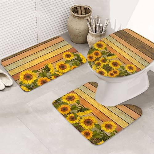 YUBVCF Paint Wooden Board Sunflower Printing Flannel Non Slip 3 Piece Bathroom Rugs Set,31.5x20in Rug Set For Bathroom Vanity,Soft Floor Mats