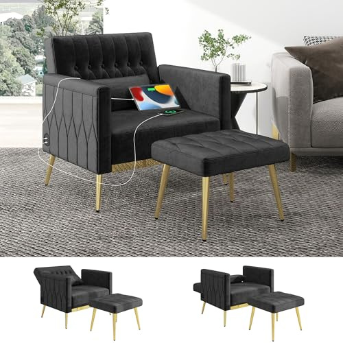 ROCSUMOO Velvet Armchair Chair and Ottoman Set with 2 USB Modern Armchair with Footstool and Lumbar Pillow Comfy Recliner Lounge Chair for Bedroom Living Room Black