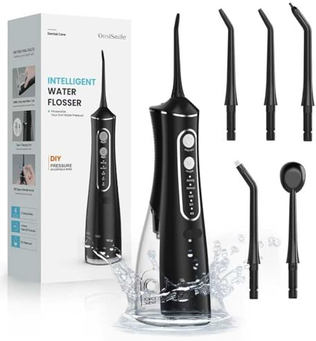 OasiSmile Munddusche Kabellos Elektrisch, Munddusche Testsieger 2025, 4 Modi DIY Druck & 5 360° Jet-Tipps, 300ML Oral Irrigator zur Täglichen Tiefenreinigung, IPX7 Wasserdicht für Reise & Zuhause