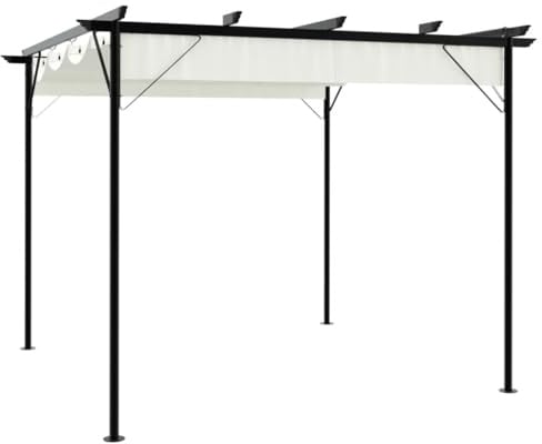Mokuyary Pergola mit Versenkbarem Dach Cremeweiß 3x3 m Stahl Pavillon wasserdicht stabil Winterfest, Gartenpavillon mit robusten Metallsäulen für Terrasse, Garten, Deck